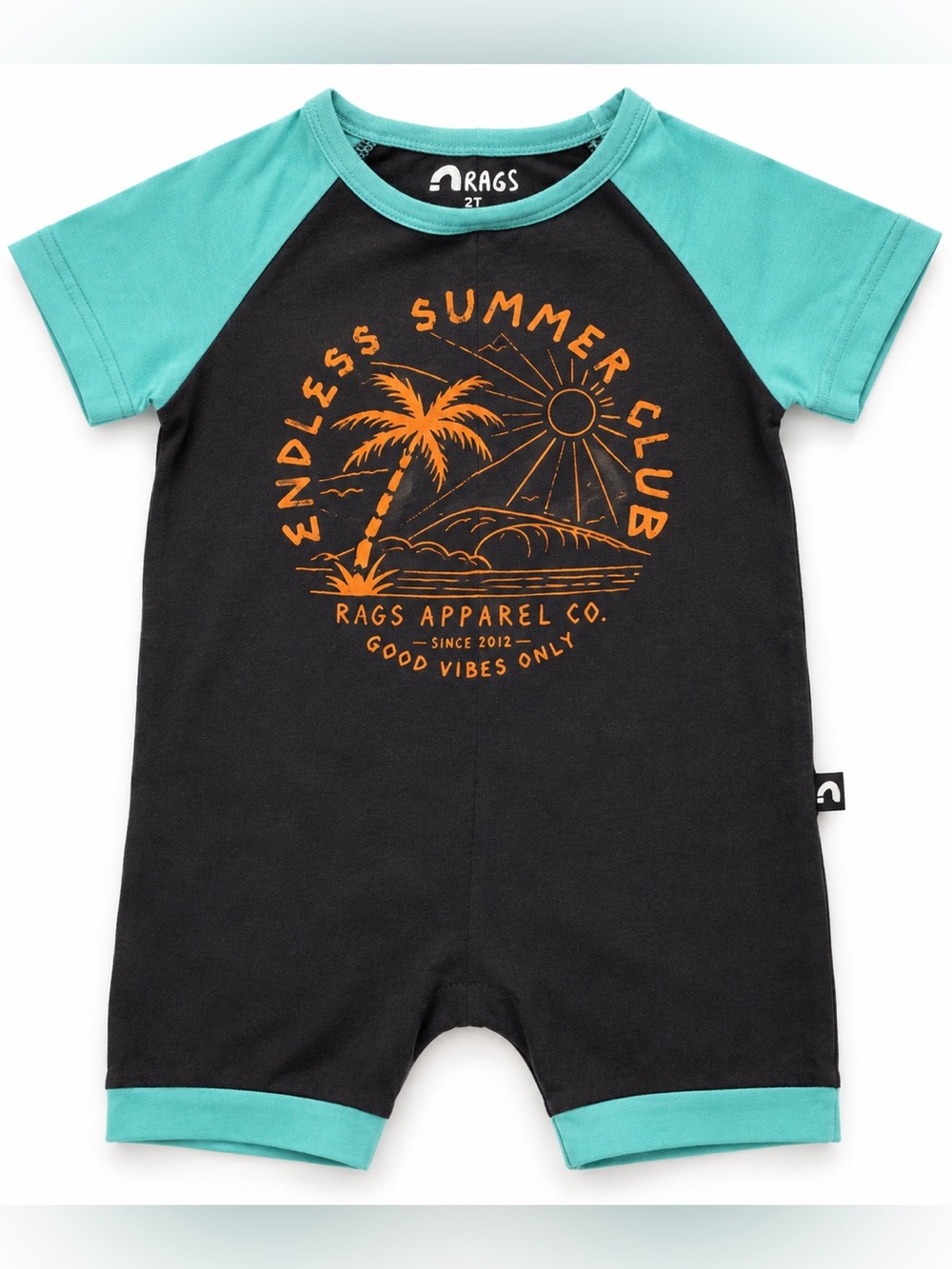 RAGS Kids Summer Club Raglan Romper Black Graphic Short Sleeve Size 2T